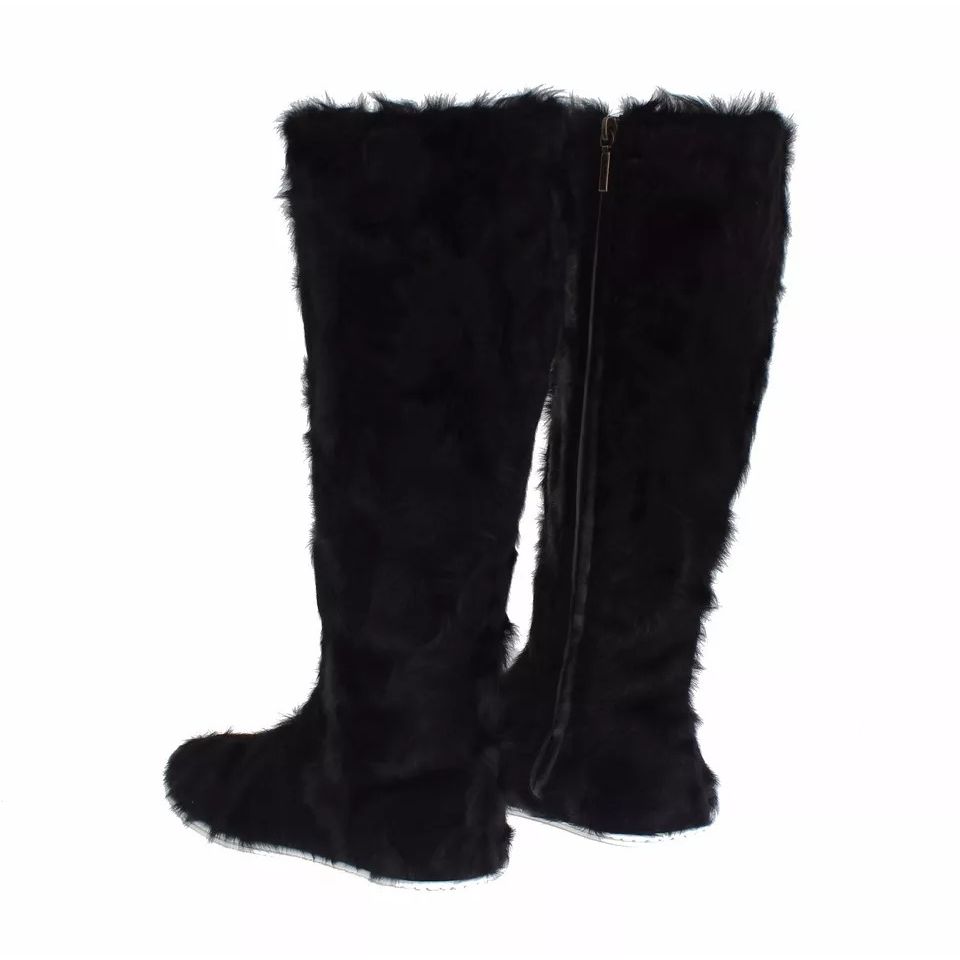 Dolce & Gabbana Black Xiangao Lamb Fur Leather Boots Shoes