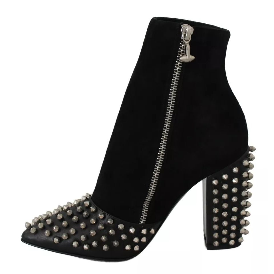 Philipp Plein Black Suede Studded Heels Ankle Boots Shoes