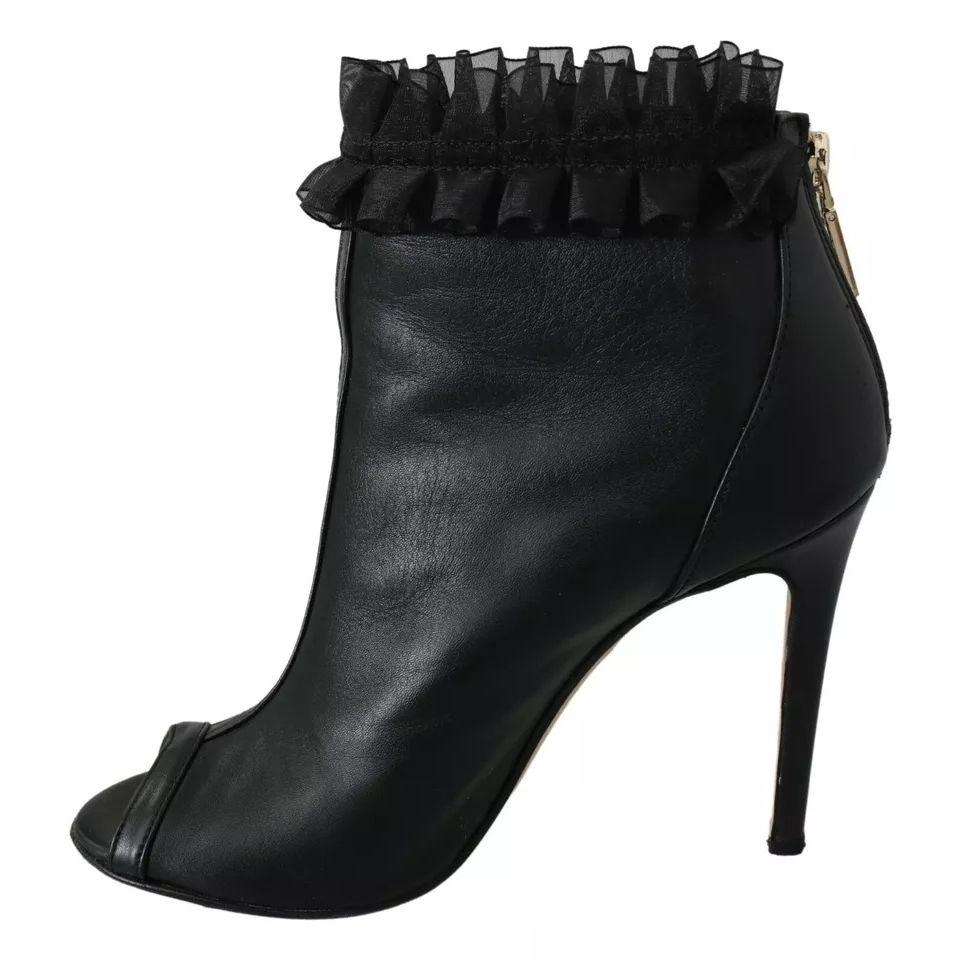 Mangano Black Leather Mesh Stiletto High Heels Peep Toe Boots Shoes