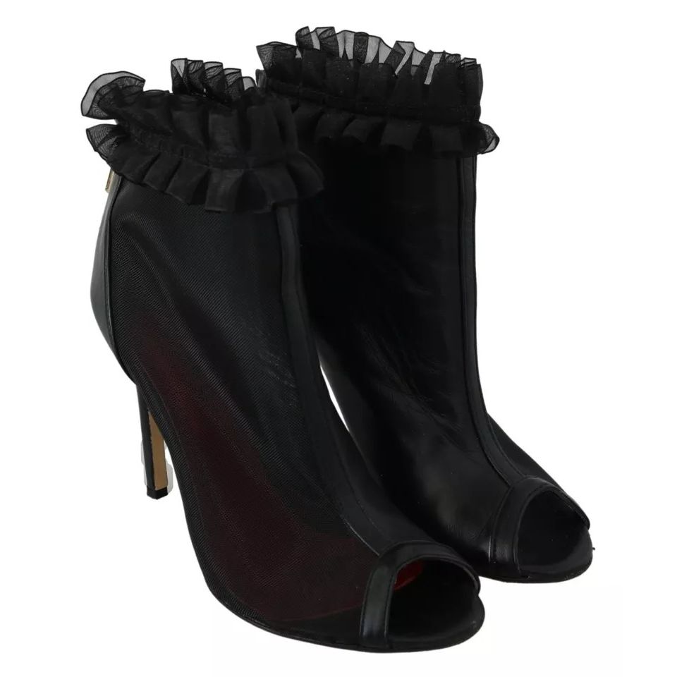 Mangano Black Leather Mesh Stiletto High Heels Peep Toe Boots Shoes