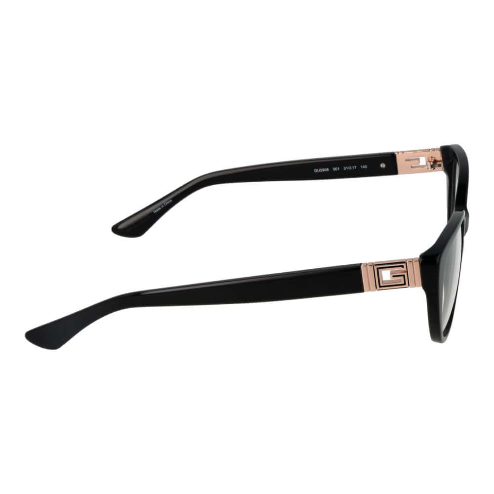 Side view of Guess Black Plastic Glasses (Frames) with full-rim cat eye style and black plastic material for women.
