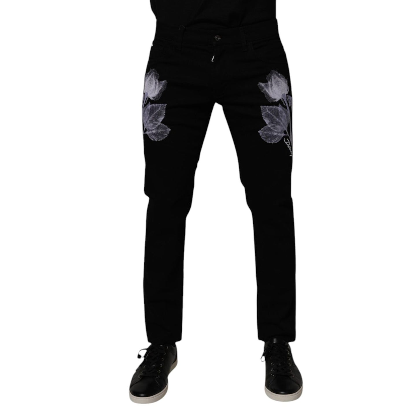 Dolce & Gabbana Black Floral Cotton Skinny Men Denim Jeans Dolce & Gabbana