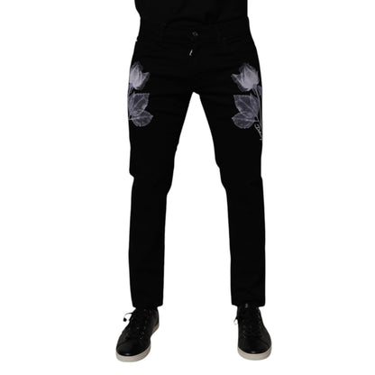 Dolce & Gabbana Black Floral Cotton Skinny Men Denim Jeans Dolce & Gabbana