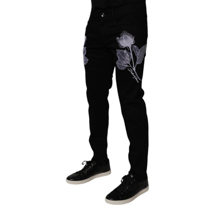 Dolce & Gabbana Black Floral Cotton Skinny Men Denim Jeans Dolce & Gabbana