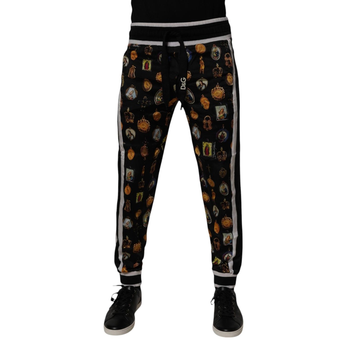 Dolce & Gabbana Black Religious Print Silk Men Jogger Pants Dolce & Gabbana