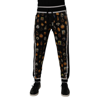 Dolce & Gabbana Black Religious Print Silk Men Jogger Pants Dolce & Gabbana