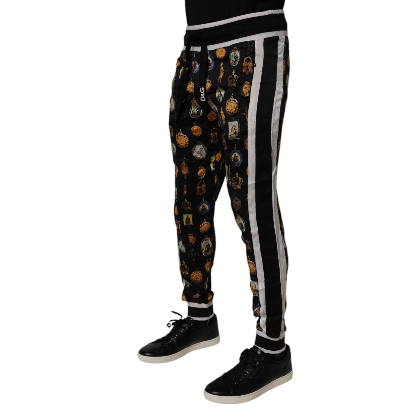 Dolce & Gabbana Black Religious Print Silk Men Jogger Pants Dolce & Gabbana