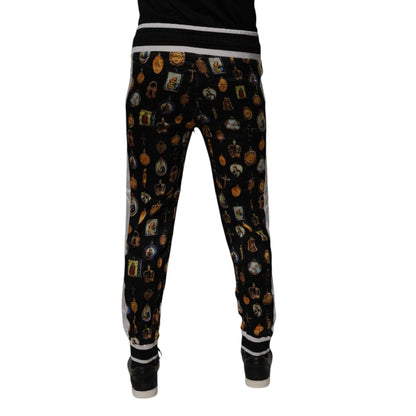 Dolce & Gabbana Black Religious Print Silk Men Jogger Pants Dolce & Gabbana