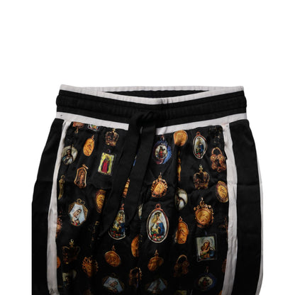 Dolce & Gabbana Black Religious Print Silk Men Jogger Pants Dolce & Gabbana