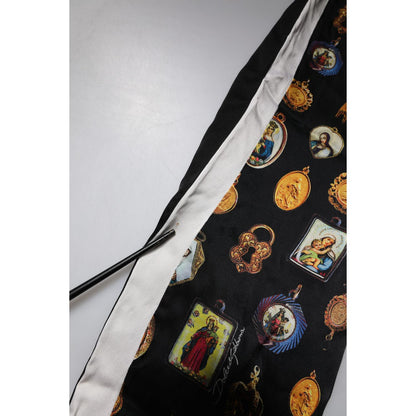 Dolce & Gabbana Black Religious Print Silk Men Jogger Pants Dolce & Gabbana