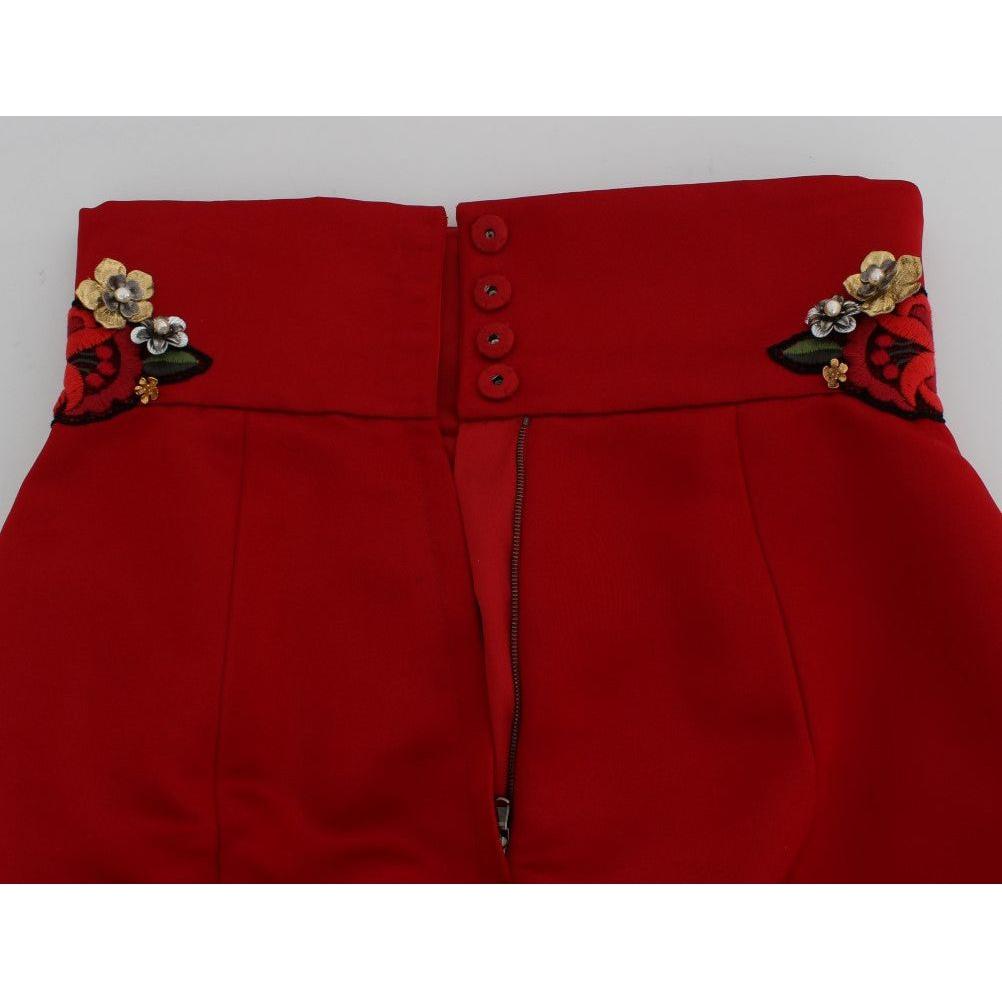 Dolce & Gabbana Red Silk Crystal Roses Shorts