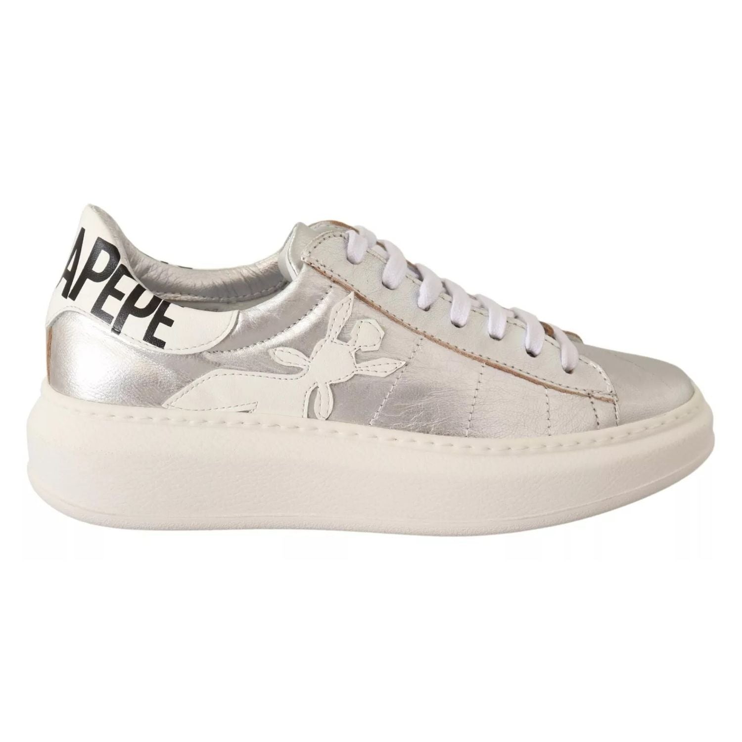 Patrizia Pepe Silver Full Grain Leather Lace Up Sneakers Shoes