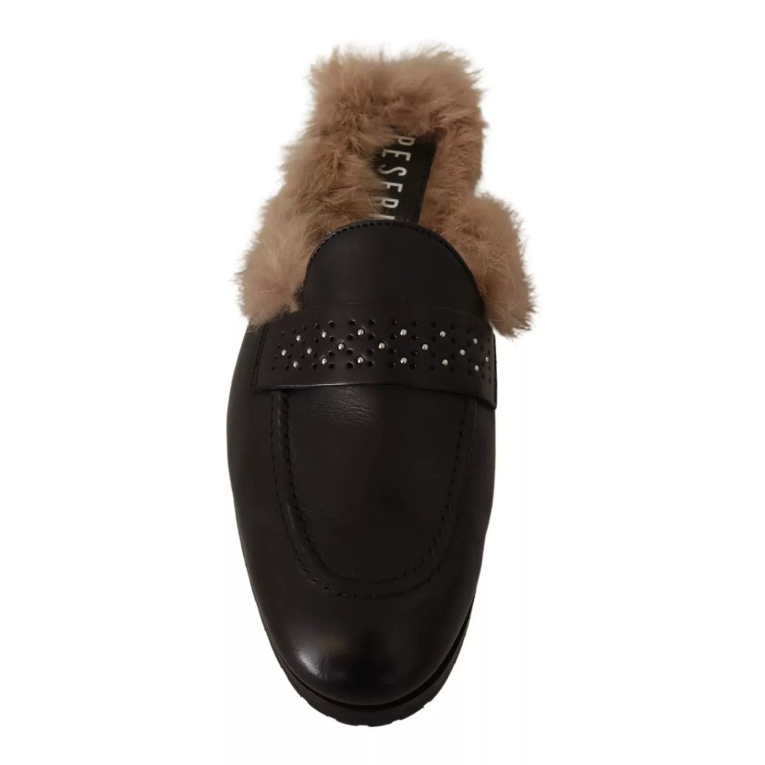 Peserico Black Leather Fur Perforated Slip On Flats Shoes