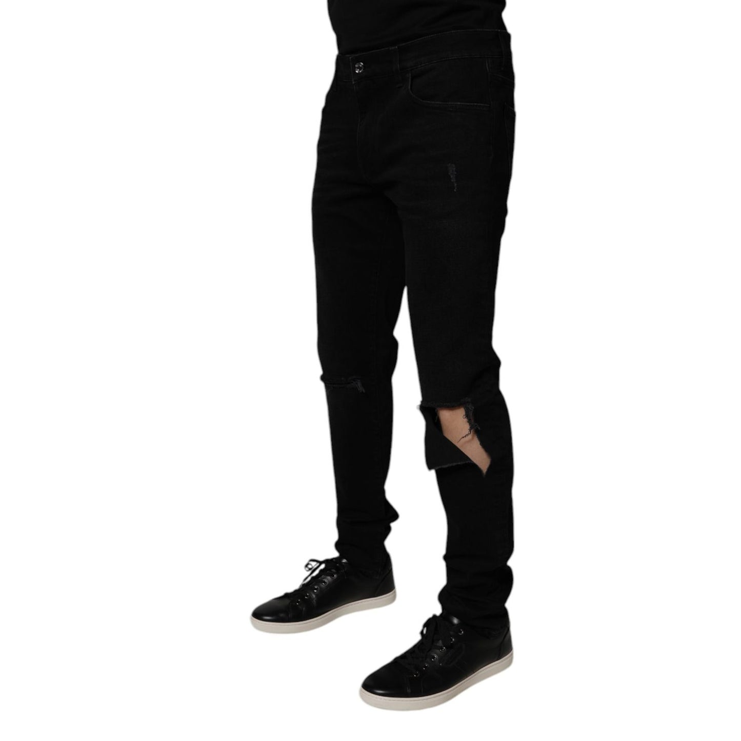Dolce & Gabbana Black Cotton Tattered Skinny Men Denim Jeans Dolce & Gabbana