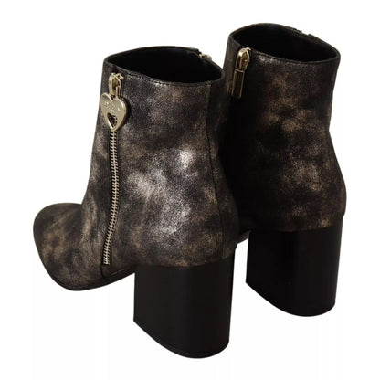 MY TWIN Black Leather Block Heels Ankle Boots Zipper Shoes