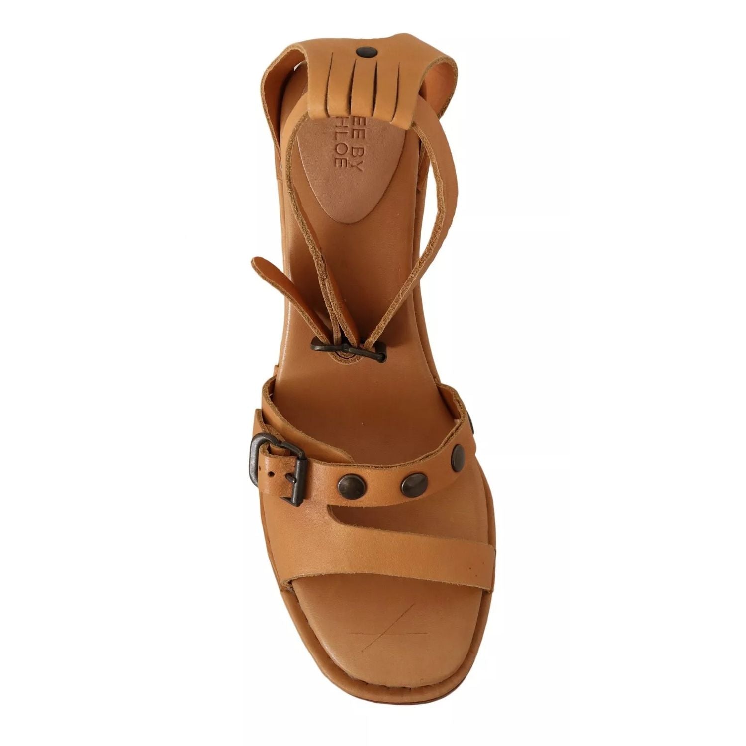 See By Chloé Brown Leather Studded Ankle Strap Sandals Shoes