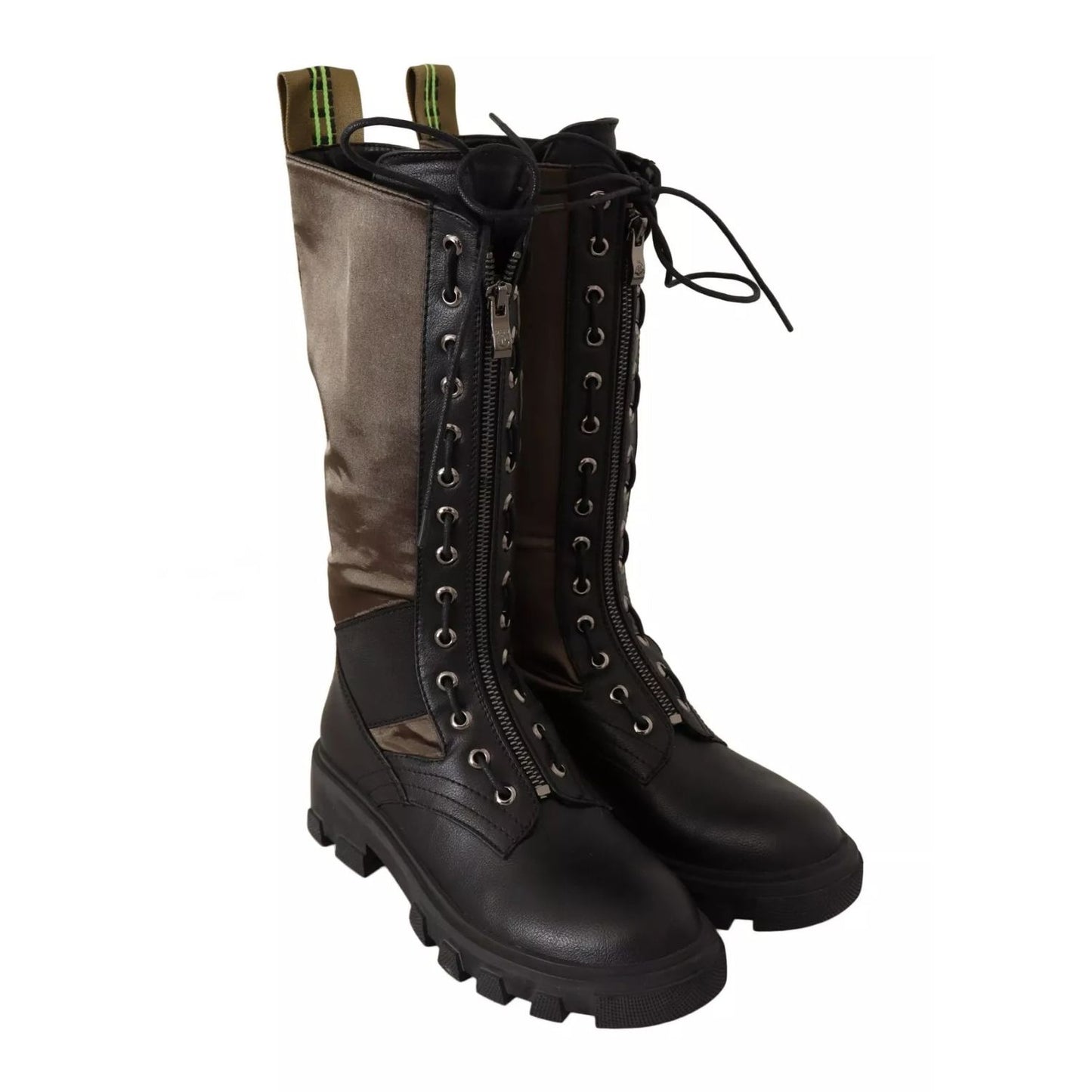 Gaelle Black Green High Combat Boots Lace Up Military Shoes