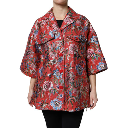 Dolce & Gabbana Red Floral Jacquard Button Down Coat Jacket