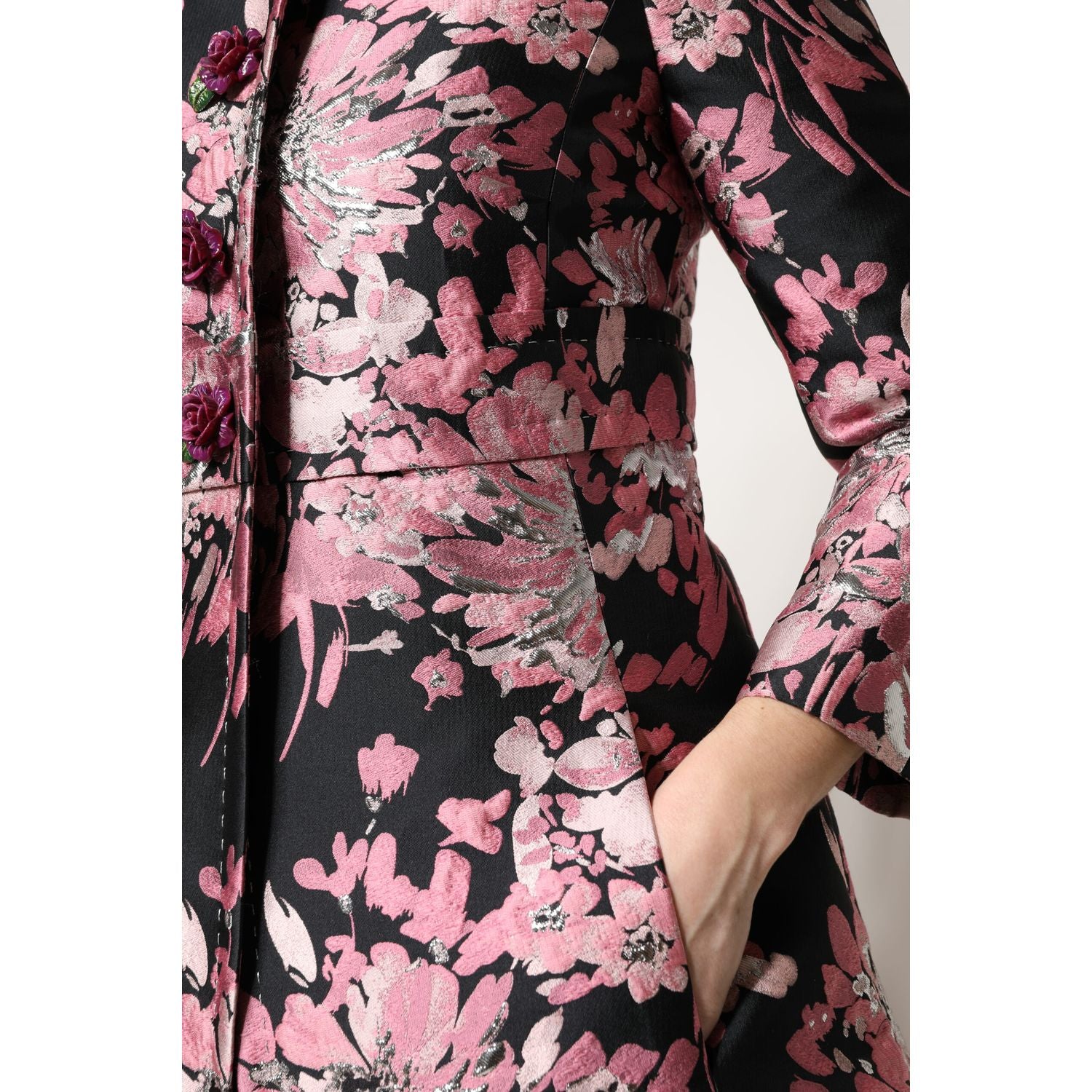 Dolce & Gabbana Pink Black Floral Brocade Trenchcoat Jacket