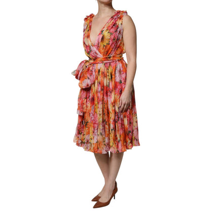 Dolce & Gabbana Multicolor Floral Silk V-neck Chiffon Dress