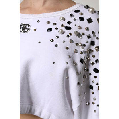 Dolce & Gabbana White Embellished Long Sleeve Cropped Sweater