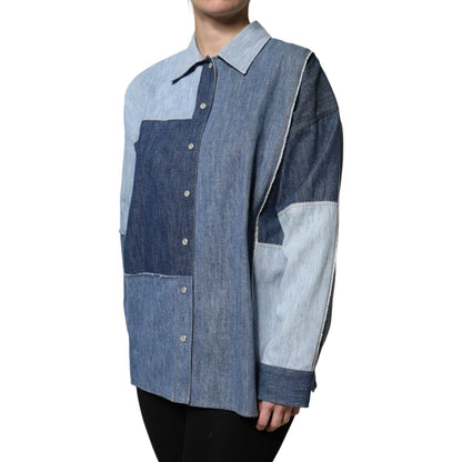 Dolce & Gabbana Blue Cotton Button Up Collared Long Sleeve Top