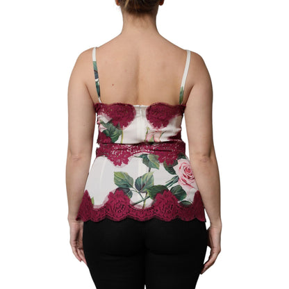 Dolce & Gabbana White Rose Print Satin Lace Tank Top Lingerie