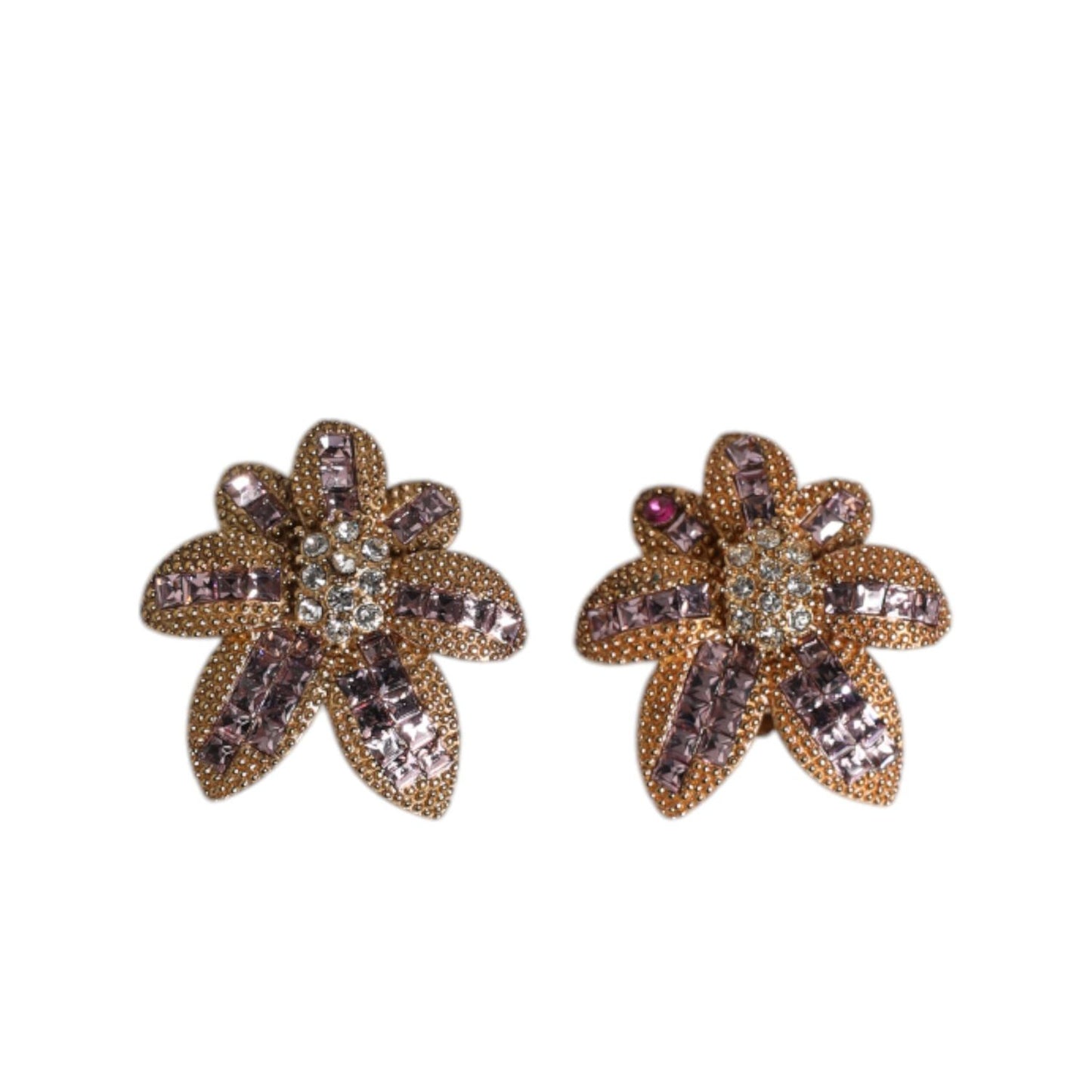 Dolce & Gabbana Gold Brass Purple Flower-Shaped Crystals Clip On Earrings