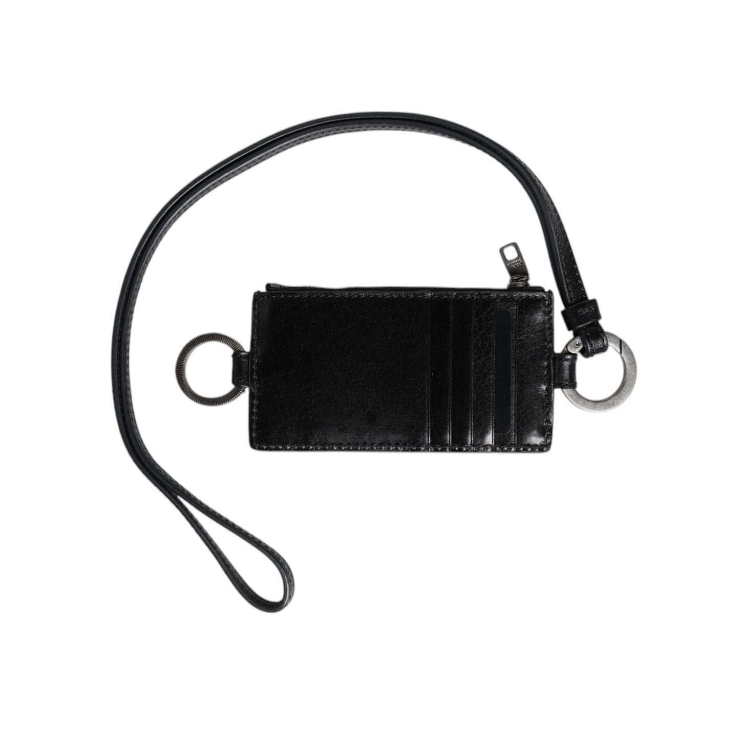 Dolce & Gabbana Black Leather Logo Embossed Lanyard Card Holder Wallet