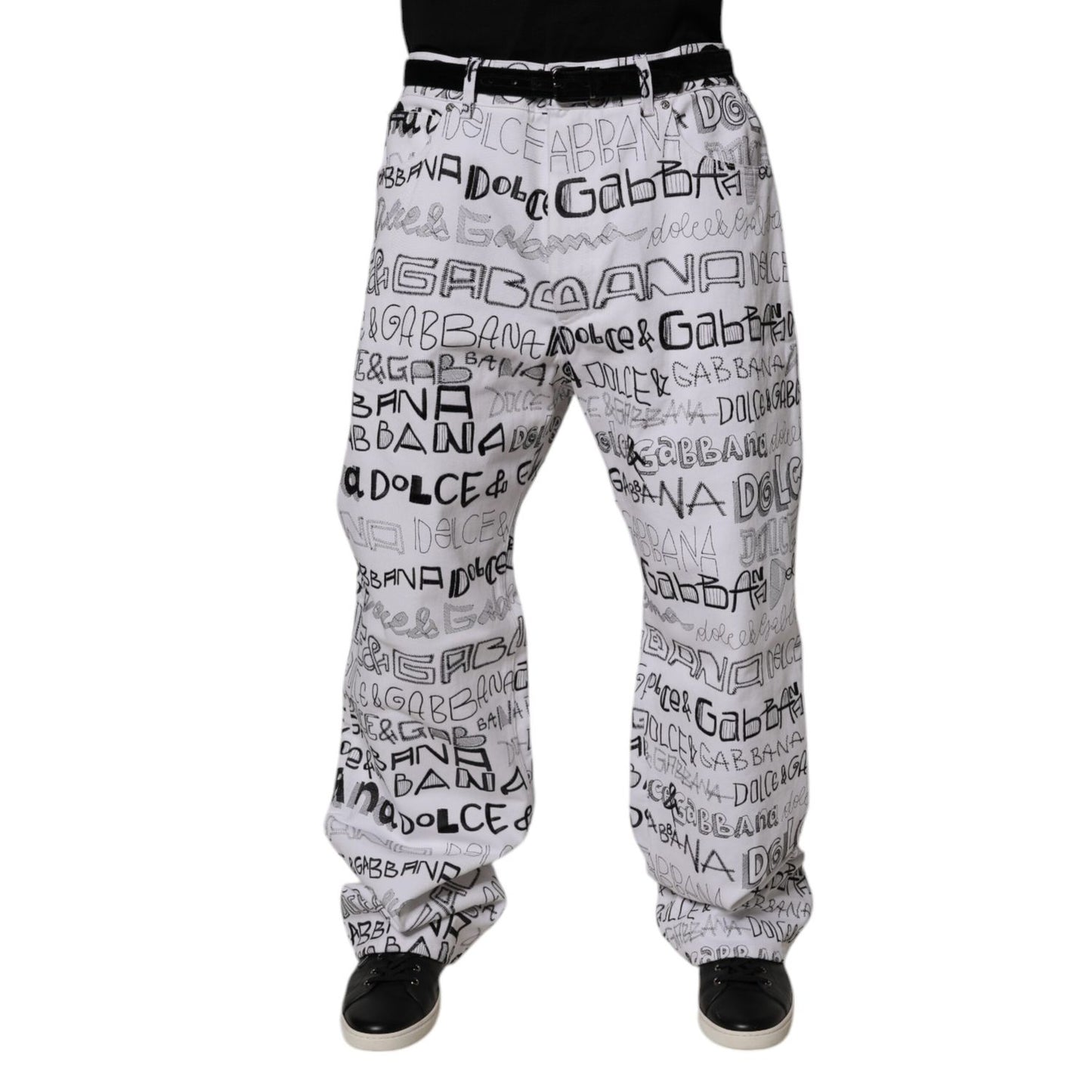 Dolce & Gabbana White Logo Print Straight Men Denim Jeans Dolce & Gabbana