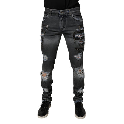 Dolce & Gabbana Dark Gray Tattered Cotton Skinny Denim Jeans Dolce & Gabbana