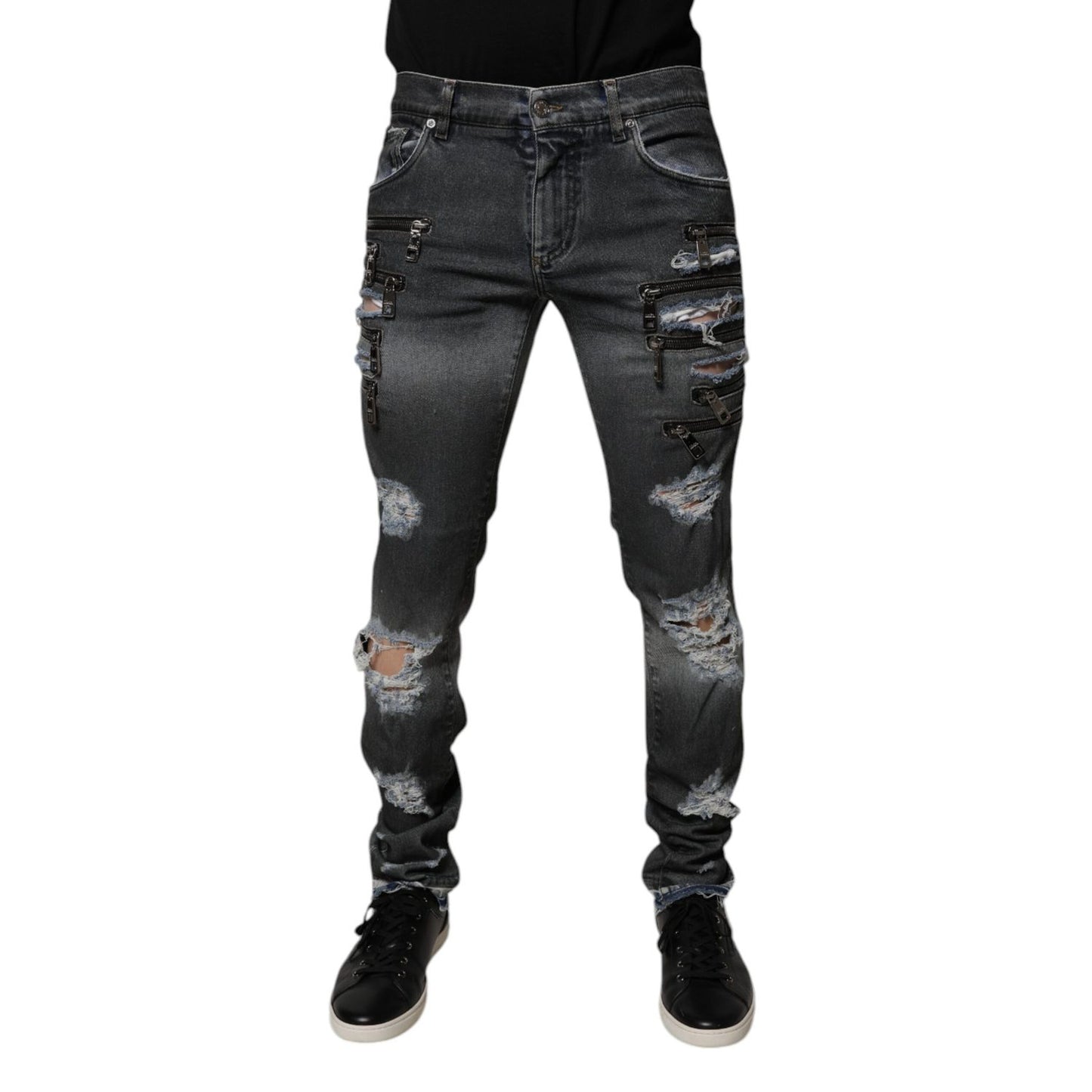 Dolce & Gabbana Dark Gray Tattered Cotton Skinny Denim Jeans Dolce & Gabbana