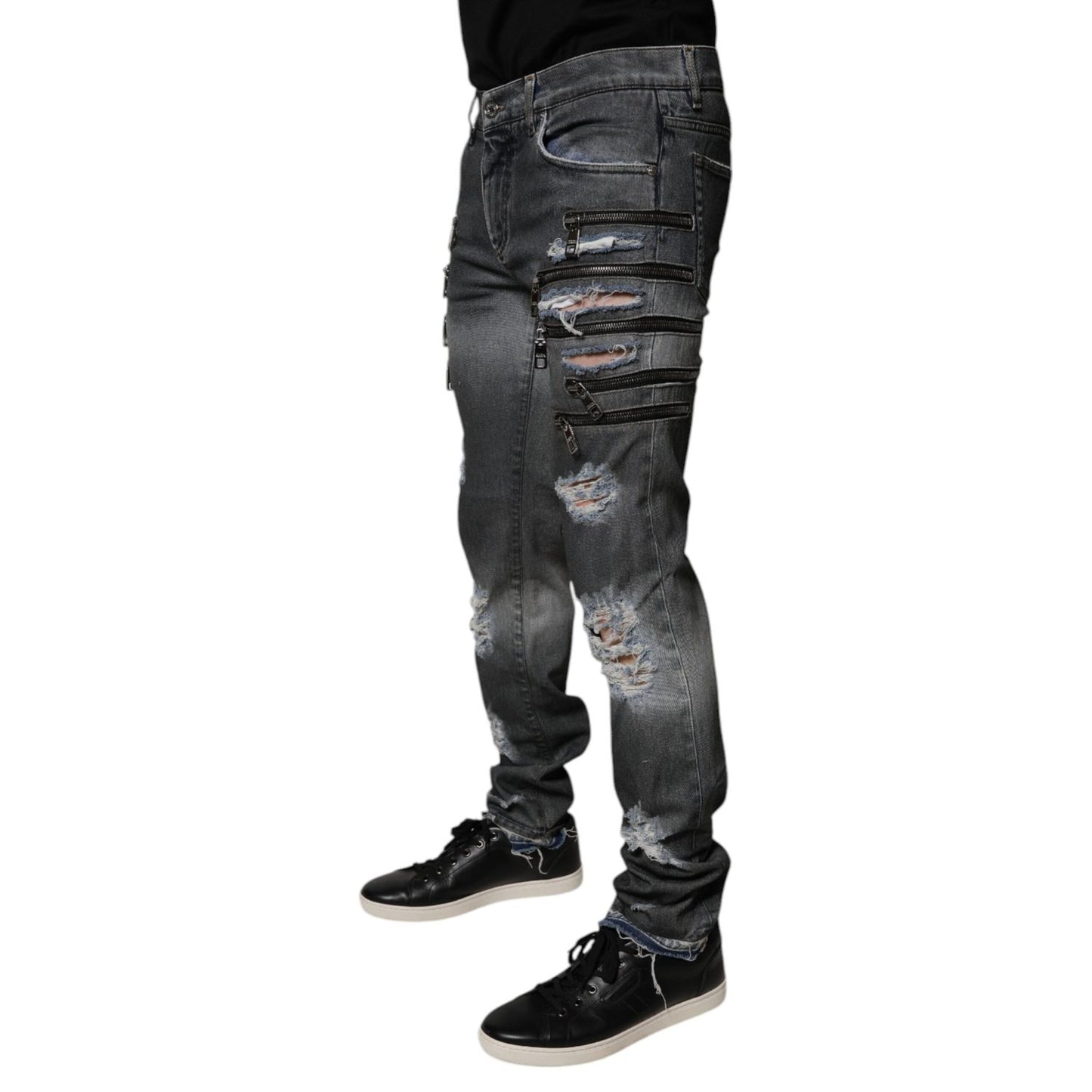 Dolce & Gabbana Dark Gray Tattered Cotton Skinny Denim Jeans Dolce & Gabbana