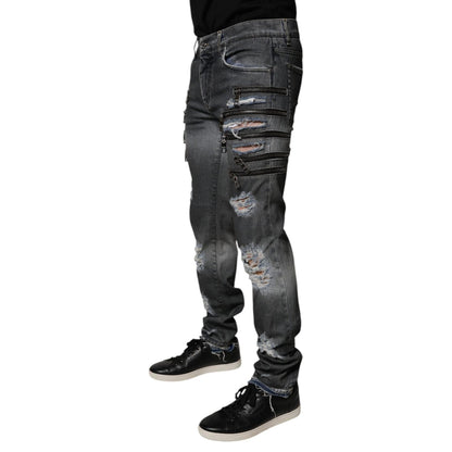 Dolce & Gabbana Dark Gray Tattered Cotton Skinny Denim Jeans Dolce & Gabbana