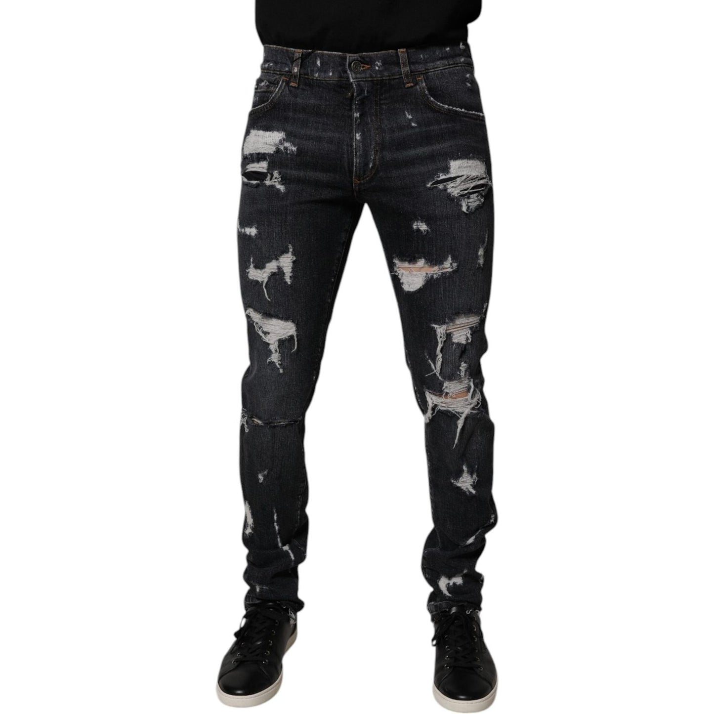 Dolce & Gabbana Black Tattered Cotton Skinny Men Denim Jeans Dolce & Gabbana