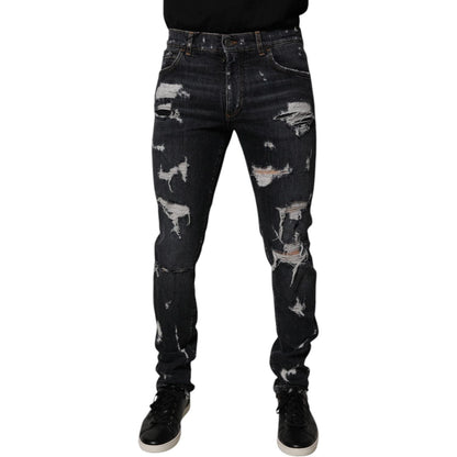 Dolce & Gabbana Black Tattered Cotton Skinny Men Denim Jeans Dolce & Gabbana