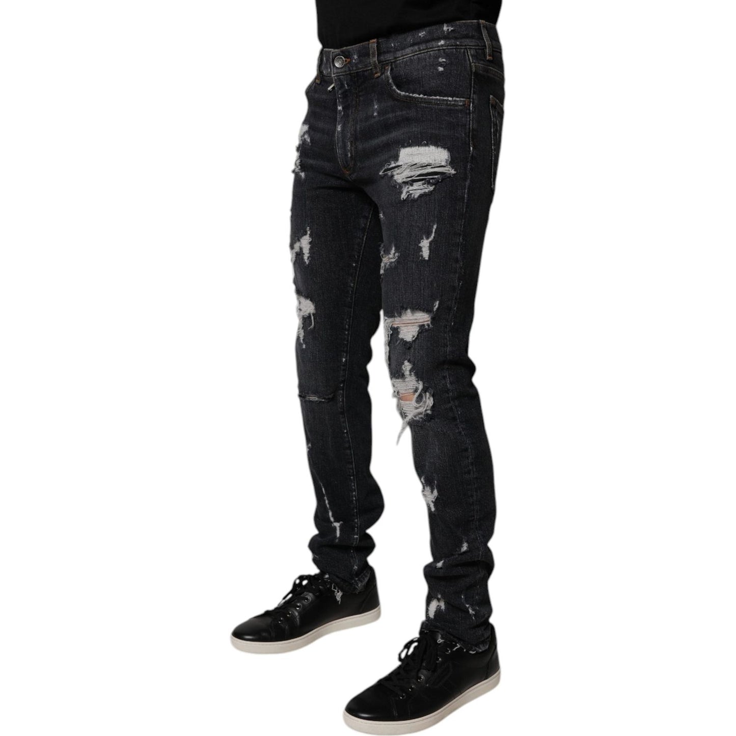 Dolce & Gabbana Black Tattered Cotton Skinny Men Denim Jeans Dolce & Gabbana