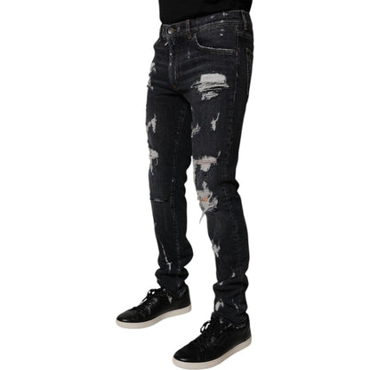 Dolce & Gabbana Black Tattered Cotton Skinny Men Denim Jeans Dolce & Gabbana