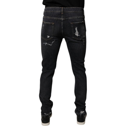 Dolce & Gabbana Black Tattered Cotton Skinny Men Denim Jeans Dolce & Gabbana
