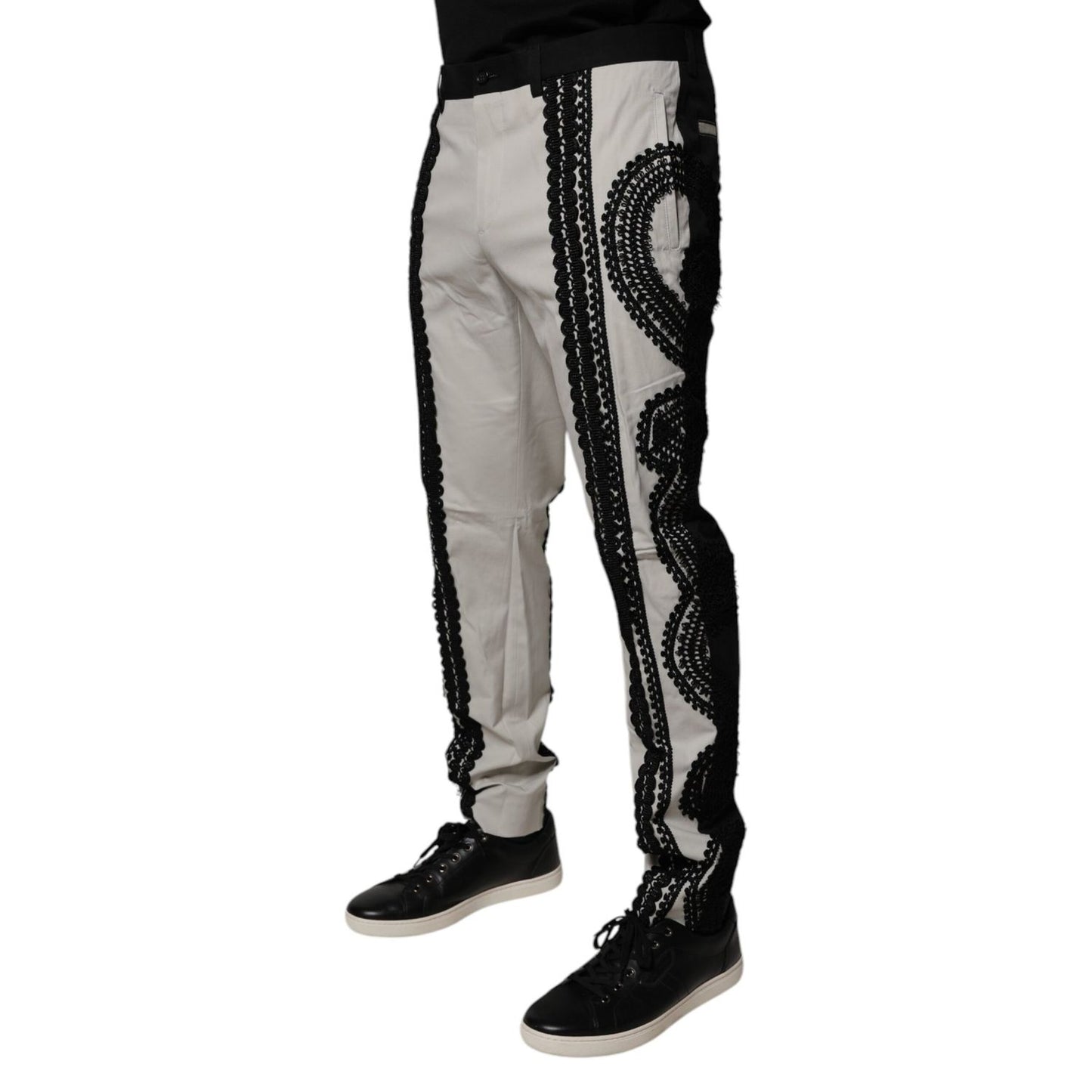 Dolce & Gabbana White Lace Trim Mid Waist Dress Formal Pants Dolce & Gabbana