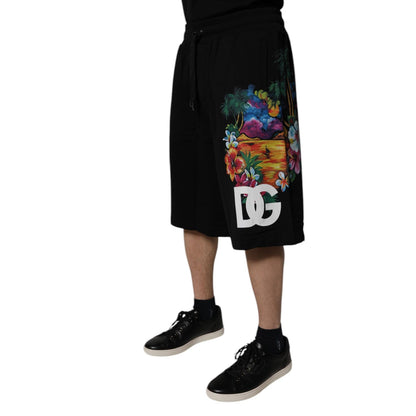 Dolce & Gabbana Black Cotton Logo Floral Print Bermuda Shorts Dolce & Gabbana