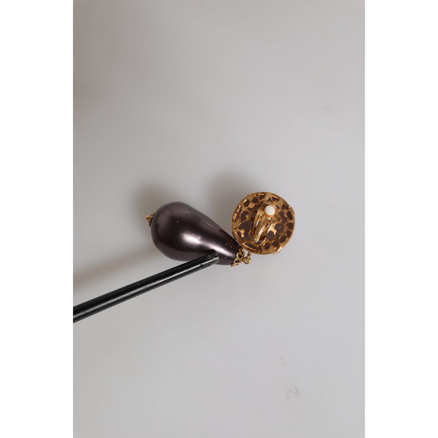 Dolce & Gabbana Gold Brass Black Pearl Clip On Dangling Jewelry Earrings