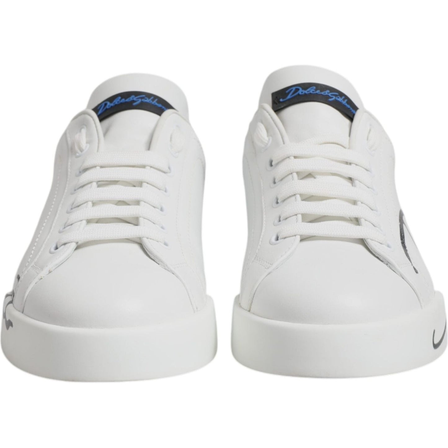 Dolce & Gabbana White Blue Leather Logo Low Top Sneakers Shoes