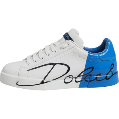 Dolce & Gabbana White Blue Leather Logo Low Top Sneakers Shoes