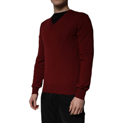 Dolce & Gabbana Maroon Cashmere V-neck Men Pullover Sweater Dolce & Gabbana