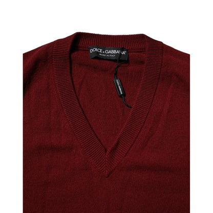 Dolce & Gabbana Maroon Cashmere V-neck Men Pullover Sweater Dolce & Gabbana