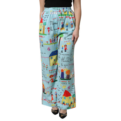 Dolce & Gabbana Light Blue Drawing Mid Waist Wide Leg Pants