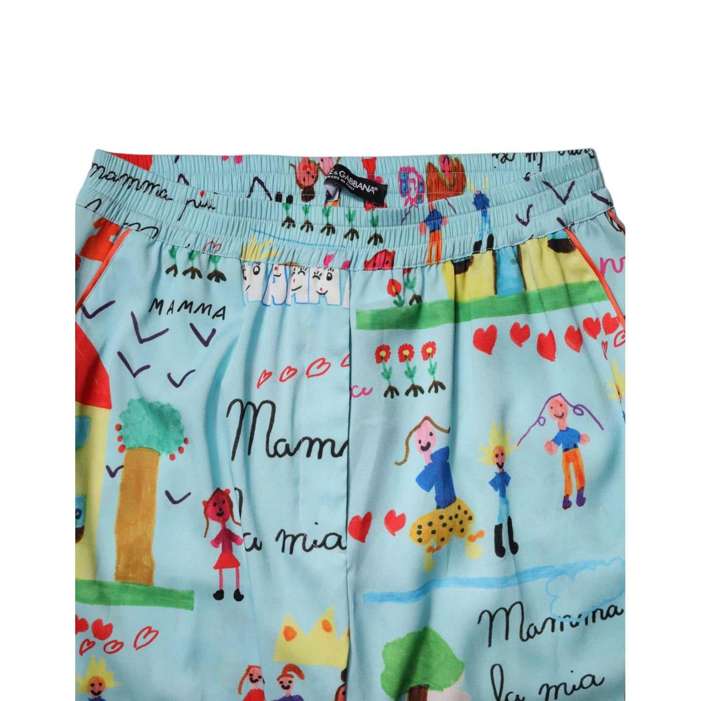 Dolce & Gabbana Light Blue Drawing Mid Waist Wide Leg Pants