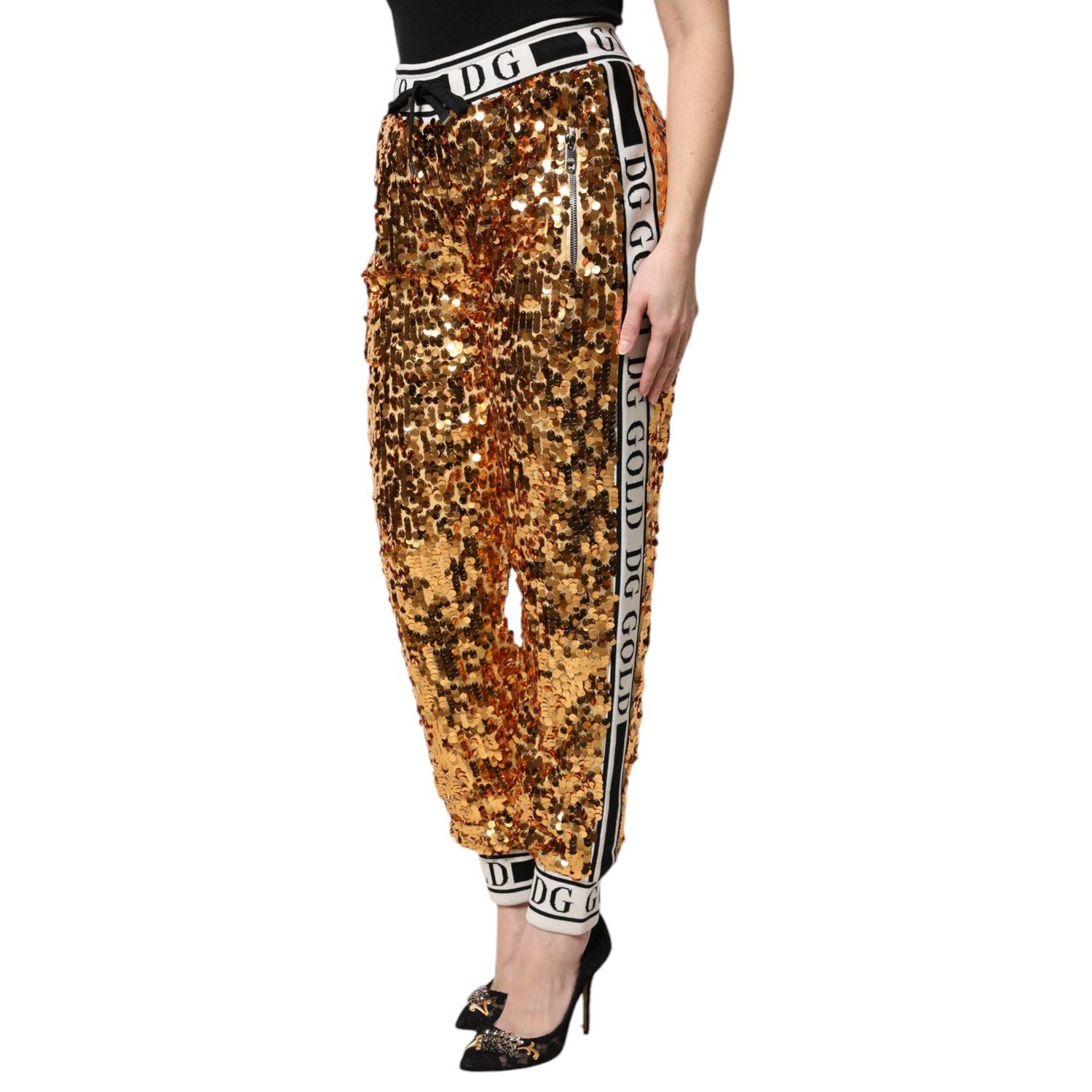 Dolce & Gabbana Metallic Gold DG Logo Sequined Jogger Pants