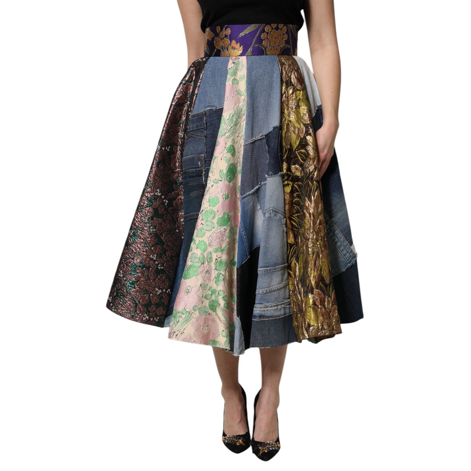 Dolce & Gabbana Multicolor Patchwork High Waisted Midi Skirt